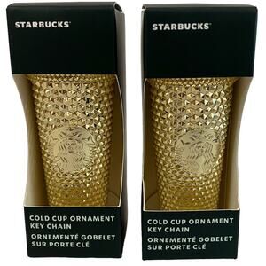 2 Starbucks Gold Studded Tumbler Cold Cup Ornaments Key Chains Holiday 2022 NIB